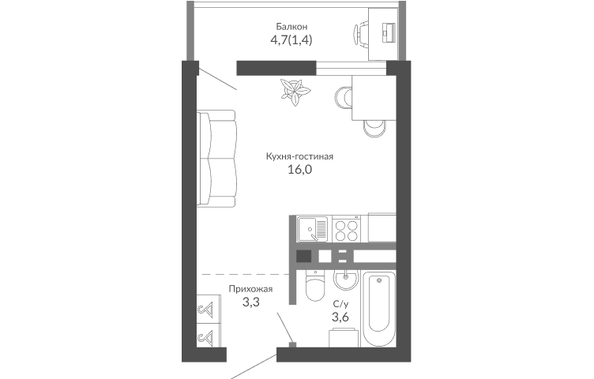 Планировка 1-комн 24,3 м²