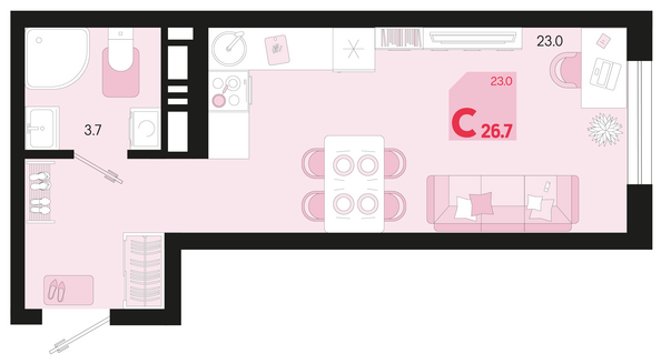 Планировка 1-комн 26,7, 27,6 м²