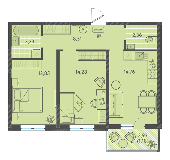 Планировка 2-комн 56,58 - 58,68 м²