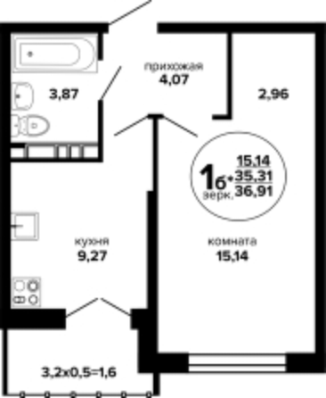 Планировка 1-комн 36,91 м²