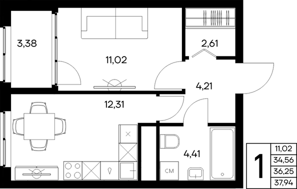 Планировка 1-комн 37,94 м²