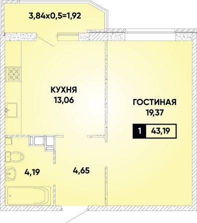 Планировка 1-комн 42,92 м²