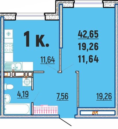 Планировка 1-комн 42,65 м²