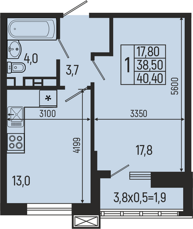 Планировка 1-комн 40,4 м²