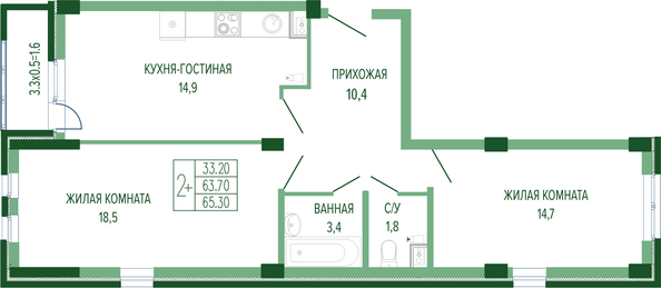 Планировка 2-комн 65,3 м²