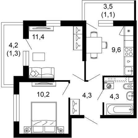 Планировка 2-комн 42,2 м²