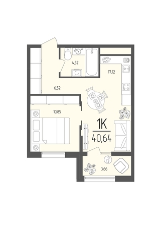 Планировка 1-комн 40,64 м²