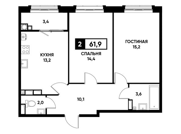 Планировка 2-комн 61,9 м²