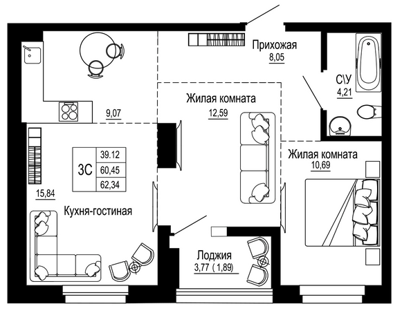 Планировка 2-комн 62,34 м²