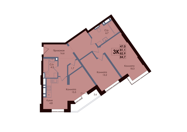 Планировка 3-комн 82,9 м²