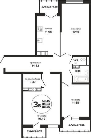 Планировка 3-комн 88,36 м²