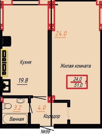 Планировка 1-комн 51 м²