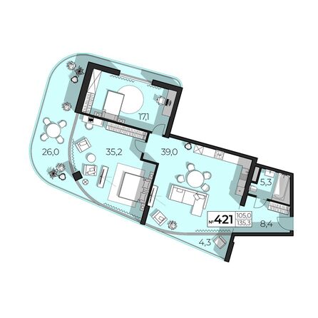 Планировка 2-комн 135,3 м²