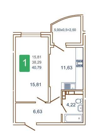 Планировка 1-комн 40,79 м²