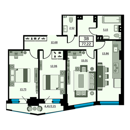 Планировка 3-комн 76,6, 76,8 м²