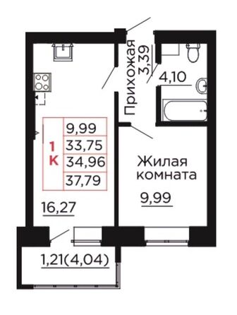 Планировка 1-комн 34,94, 34,96 м²