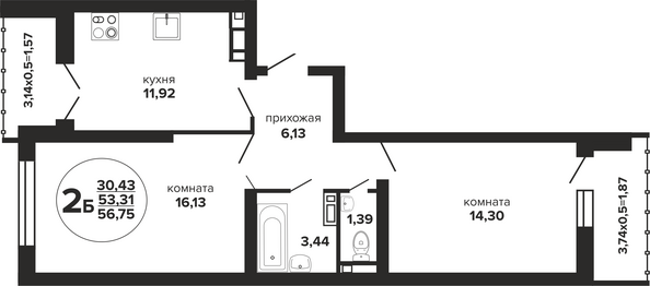 Планировка 2-комн 56,75, 57,57 м²