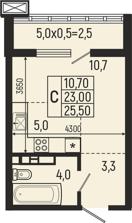 Планировка Студия 25,5, 25,6 м²