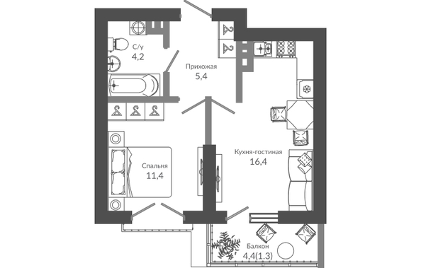 Планировка 1-комн 38,7 м²