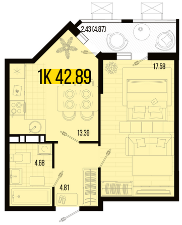 Планировка 1-комн 42,89 м²