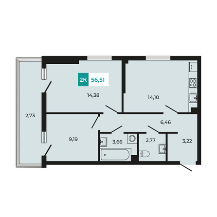 Планировка 2-комн 56,51 м²