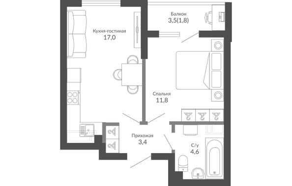 Планировка 1-комн 38,6 м²