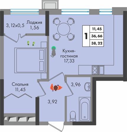 Планировка 1-комн 38,22 м²