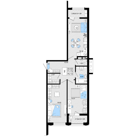 Планировка 2-комн 75,13 м²