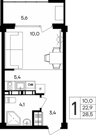 Планировка Апартамент 28,5 - 28,7 м²
