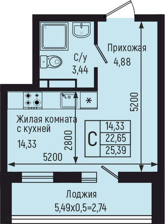 Планировка Студия 25,39 м²