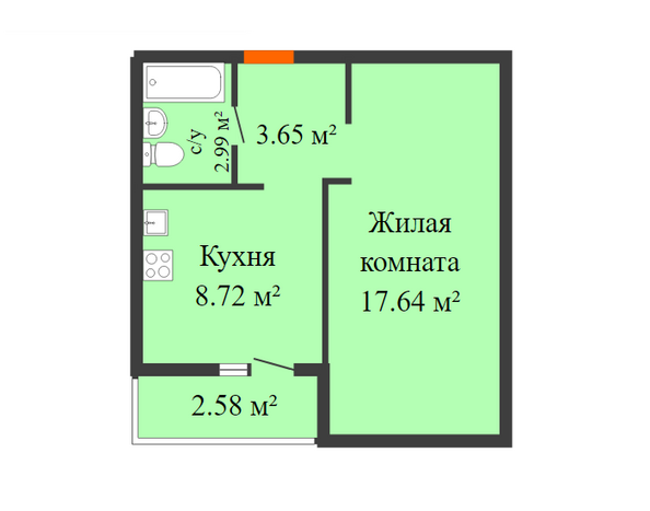 Планировка 1-комн 34,29 м²