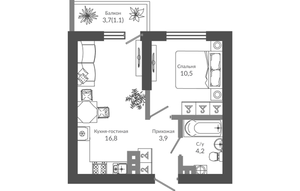 Планировка 1-комн 36,5 м²