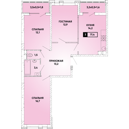 Планировка 3-комн 77,4 м²