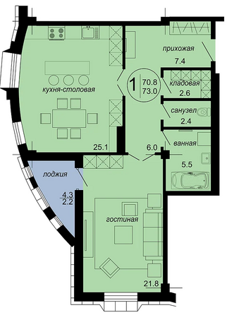 Планировка 1-комн 73 м²