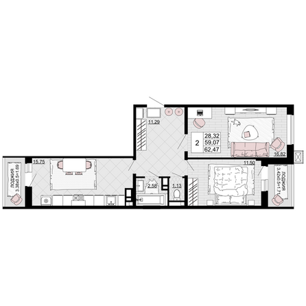 Планировка 2-комн 62,47 м²