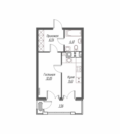 Планировка 1-комн 34,43 м²