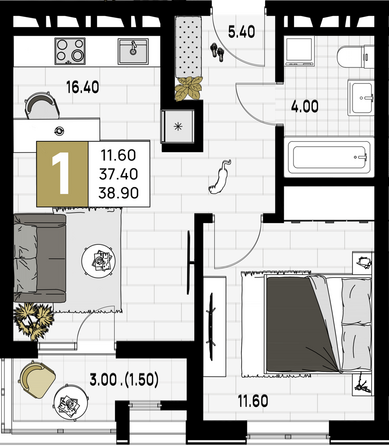 Планировка 1-комн 38,9 м²