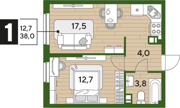 Планировка 1-комн 38 м²