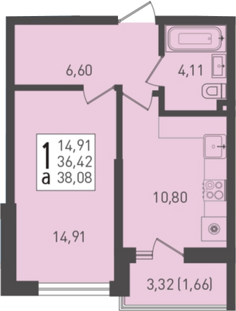 Планировка 1-комн 38,08 м²