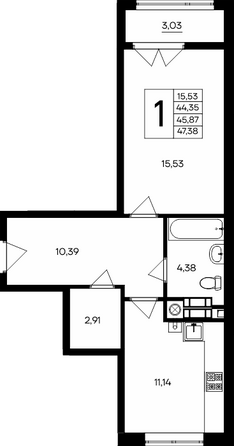 Планировка 1-комн 46,95, 47,38 м²