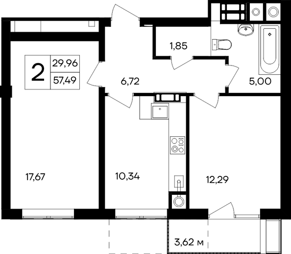 Планировка 2-комн 57,49, 58,34 м²