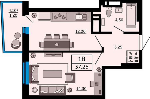 Планировка 1-комн 37,25 м²