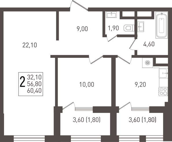 Планировка 2-комн 60,4 м²