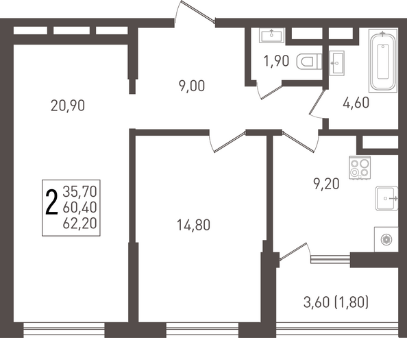 Планировка 2-комн 62,2 м²