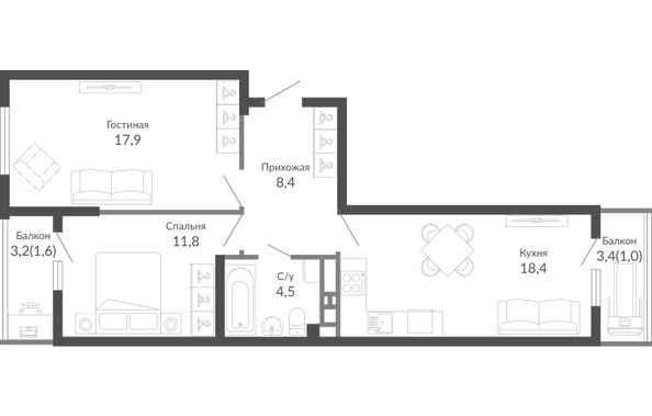 Планировка 2-комн 63,6 м²