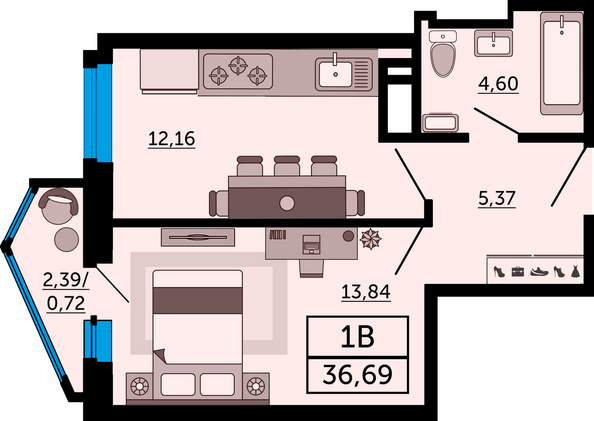 Планировка 1-комн 36,69 м²