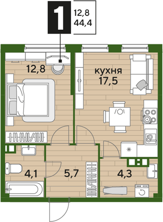 Планировка 1-комн 44,4 м²