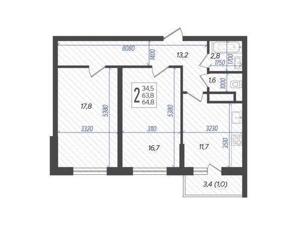 Планировка 2-комн 64,8 м²