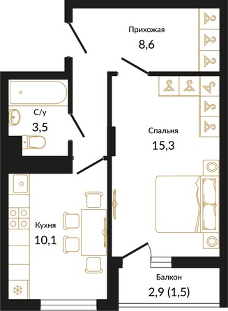 Планировка 1-комн 38,95, 39 м²