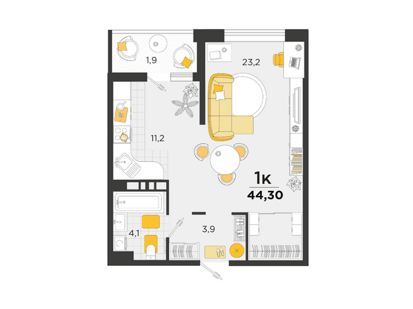 Планировка 1-комн 44,3 м²